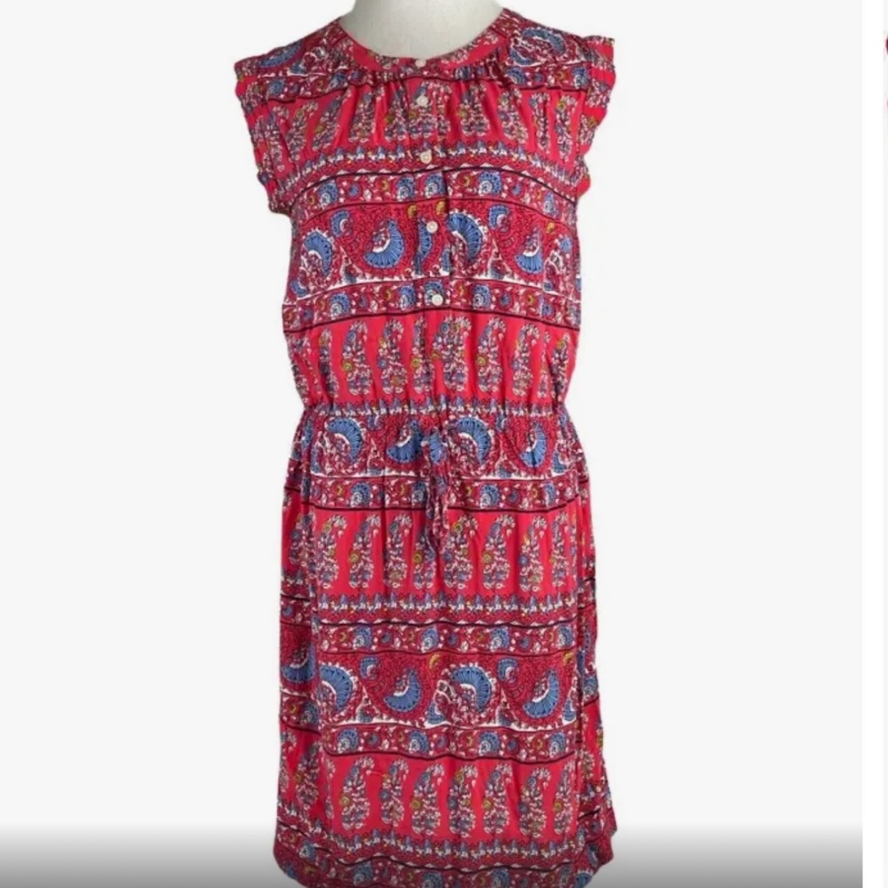 Loft red button down elastic waist dress size Large